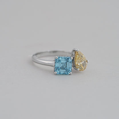 Asscher and Pear Toi Et Moi With Hidden Halo Ring Ring