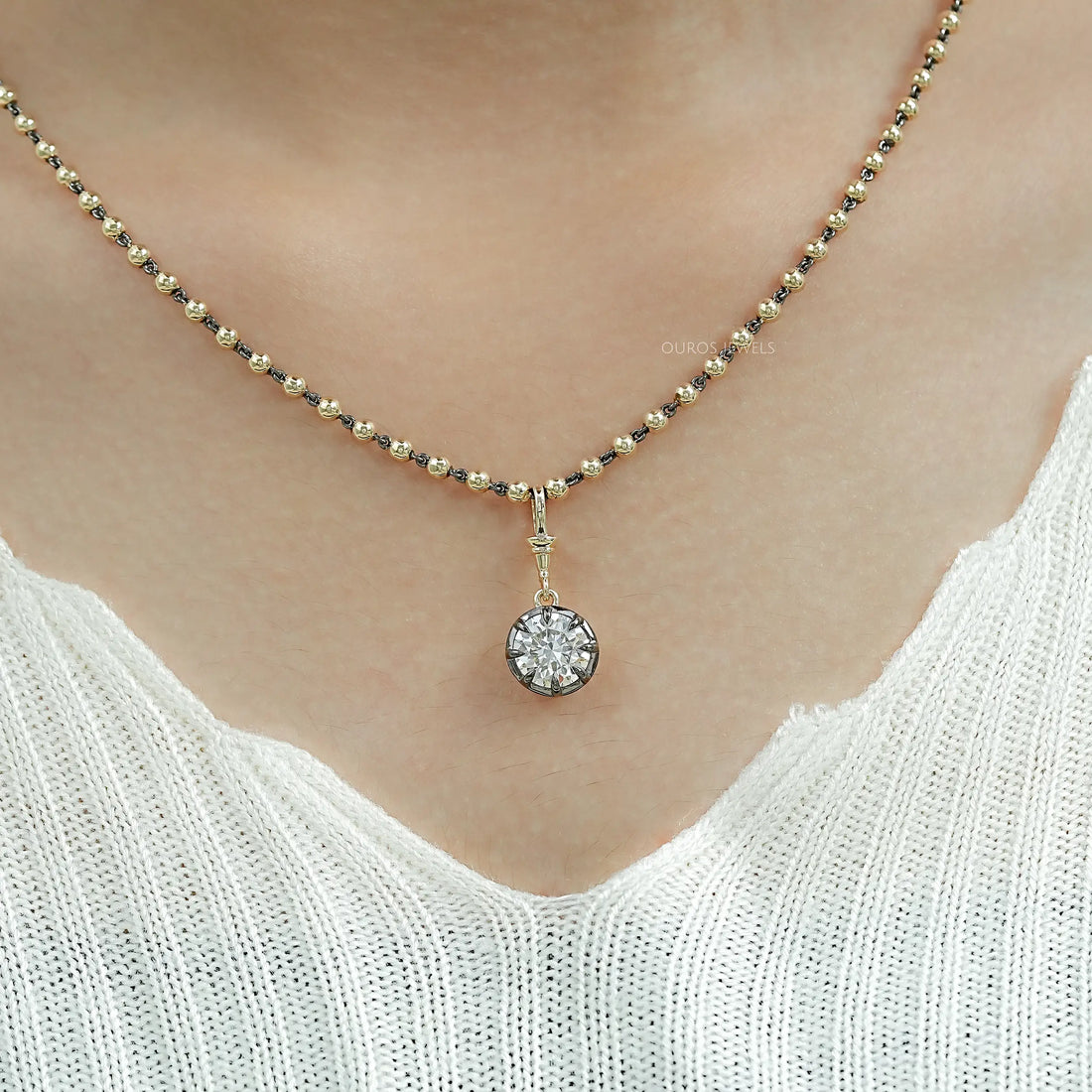 Round Cut Diamond Ball Chain Pendant Necklaces