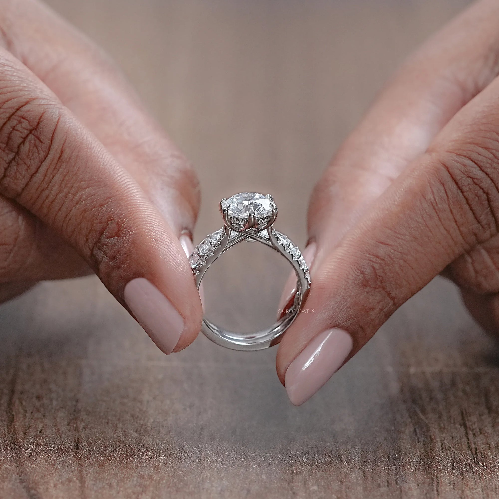 Round Lab Diamond Solitaire Accent Bridal Ring Set Rings