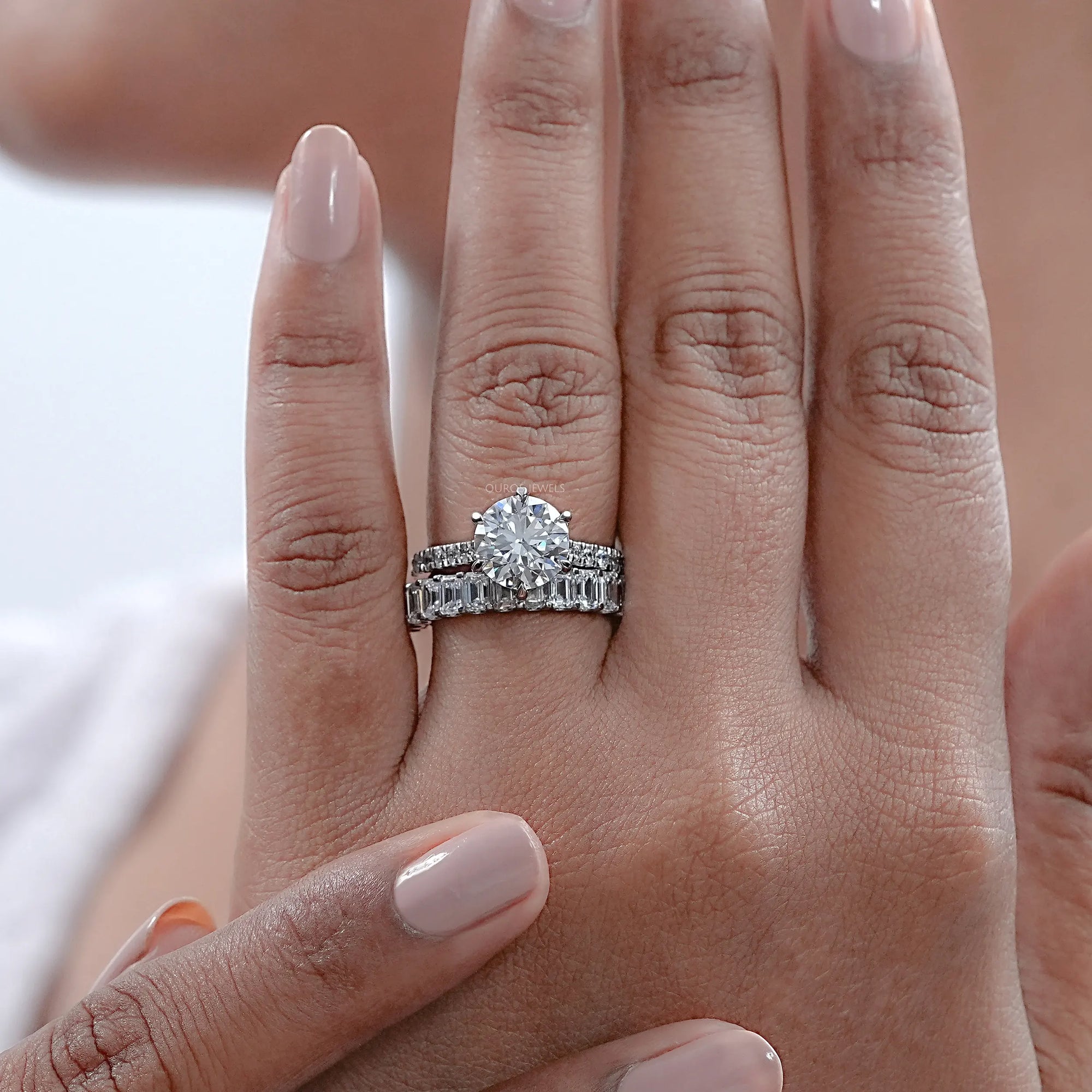 Round Lab Diamond Solitaire Accent Bridal Ring Set Rings