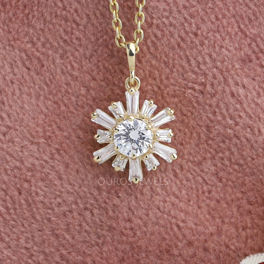 Tapered Baguette And Round Cluster Diamond Necklace Necklaces