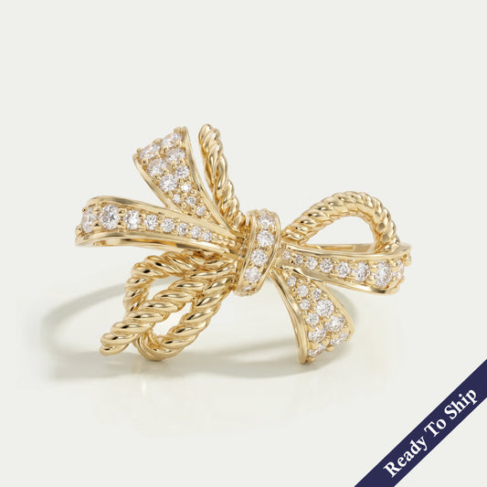 Round Diamond Cluster Ribbon Knot Bow Party Wear Ring