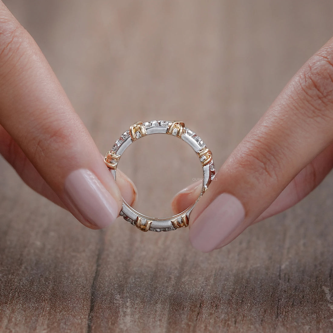 Two Tone Round Diamond Crossover Eternity Wedding Band Rings