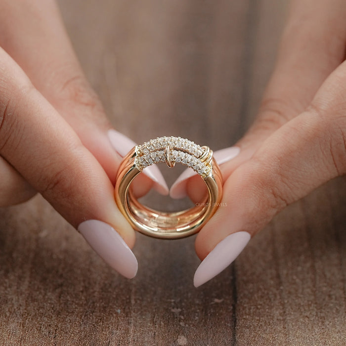 Double Row Connecter Round Lab Diamond Wedding Band Rings