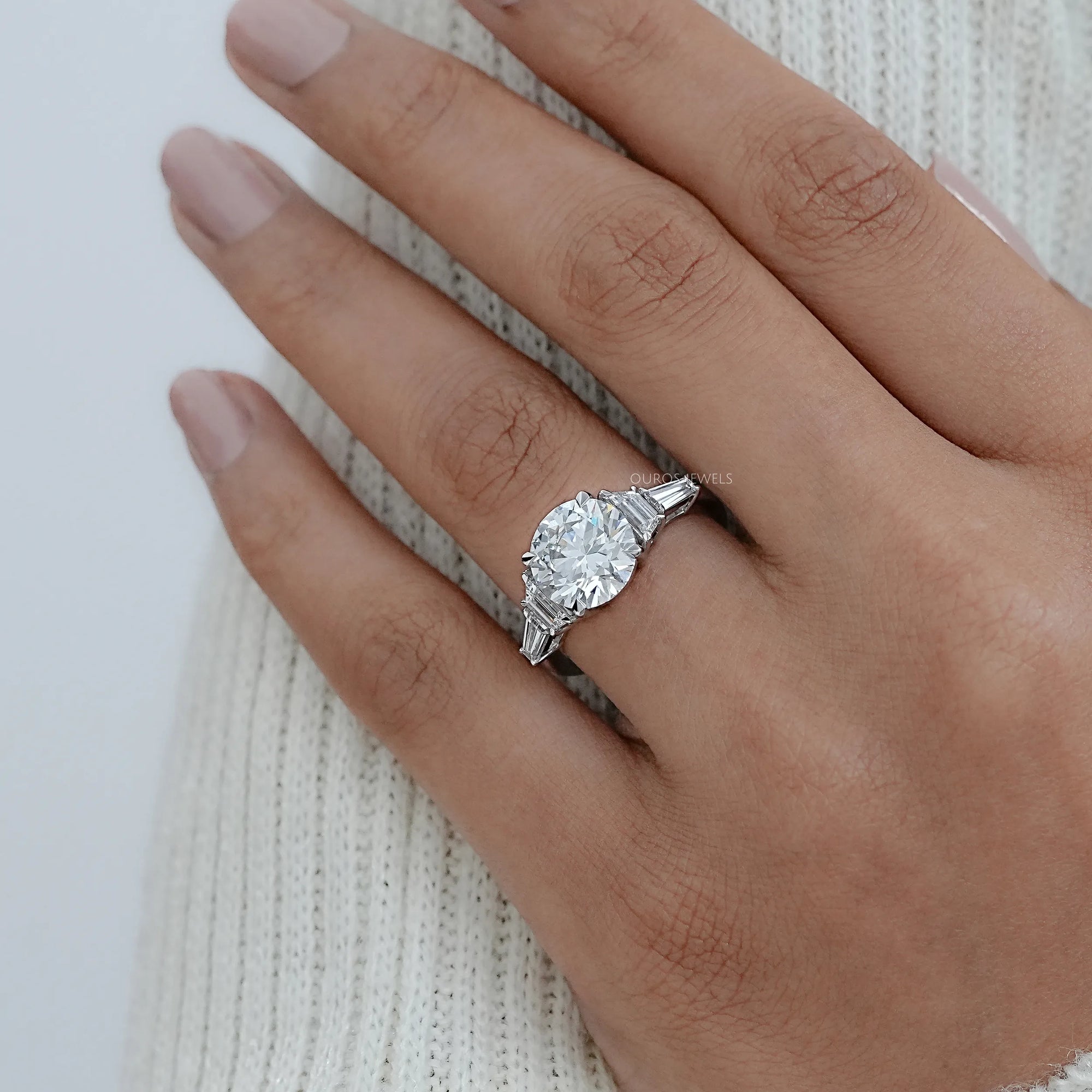 Round And Trapezoid Lab Diamond Five Stone Engagement Ring Rings