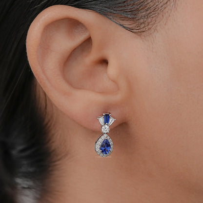 Pear Blue Gemstone And Tapered Baguette Halo Drop Earrings Earrings