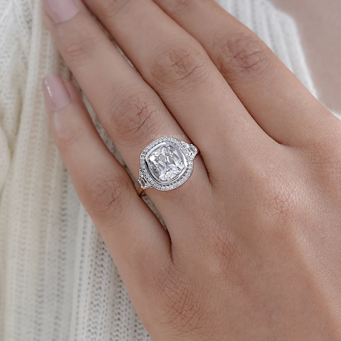 Square Old Mine Cushion Lab Diamond Halo Engagement Ring Rings
