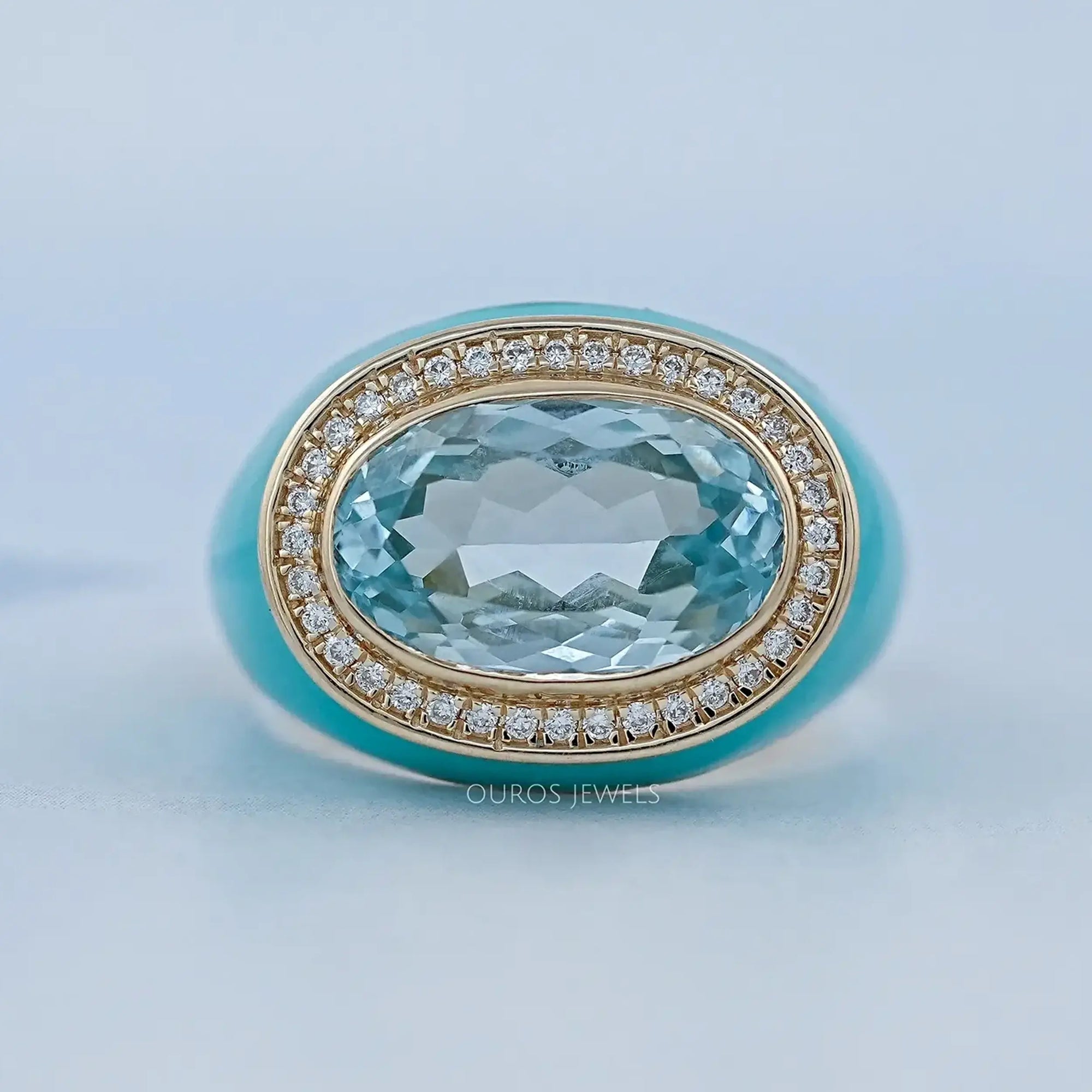 Blue Topaz East West Oval With Enamel Cocktail Ring Blue Topaz Gemstone Rings