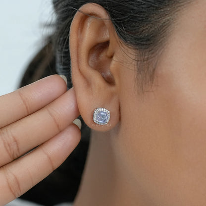 Light Purple Square Cushion Halo Stud Earrings