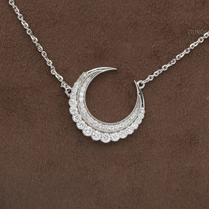 Round Cut Lab Diamond Crescent Moon Pendant Necklaces