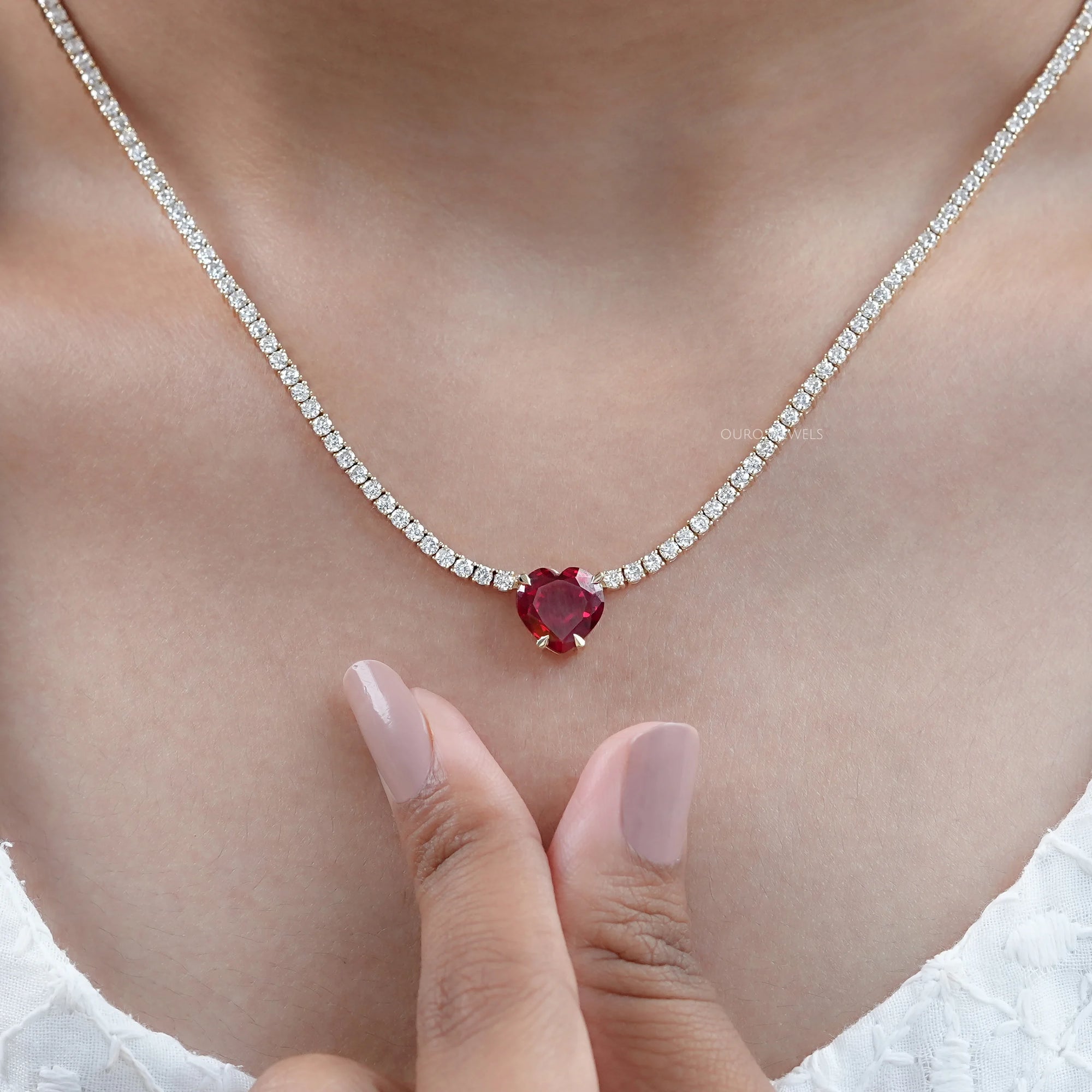 Ruby Heart And Round Diamond Tennis Necklace Necklaces