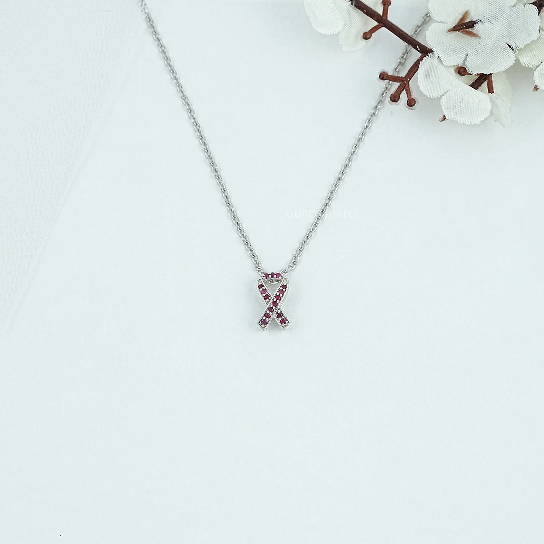Red Round Gemstone Cancer Ribbon Pendant