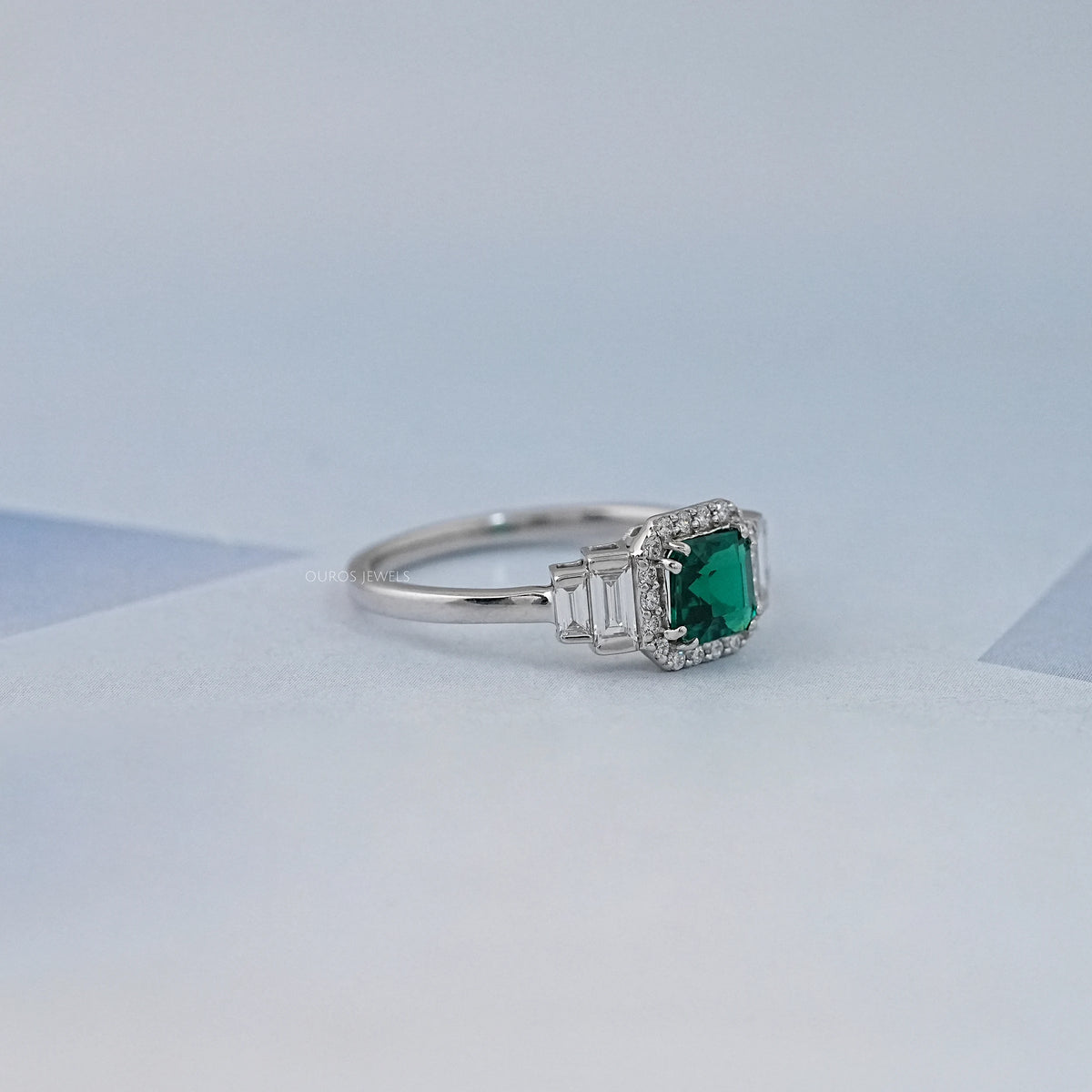 Green Asscher Gemstone Halo Diamond Engagement Ring
