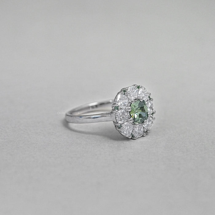 Green Cushion Diamond Halo Engagement Ring