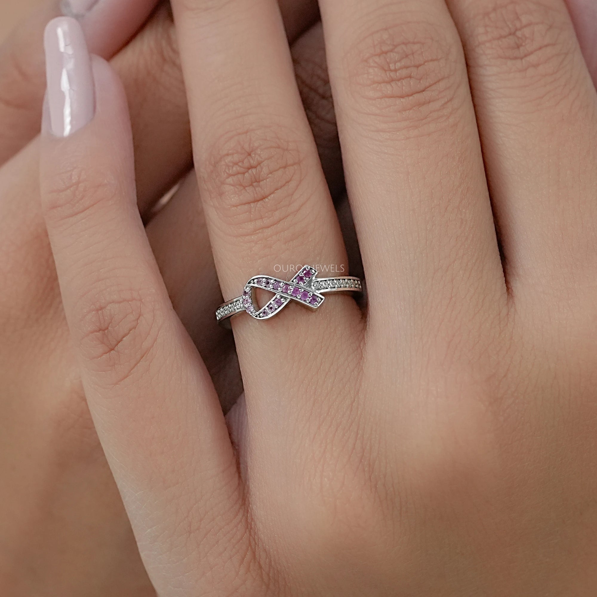 Round Pink Gemstone Cancer Ribbon Accent Ring Ring