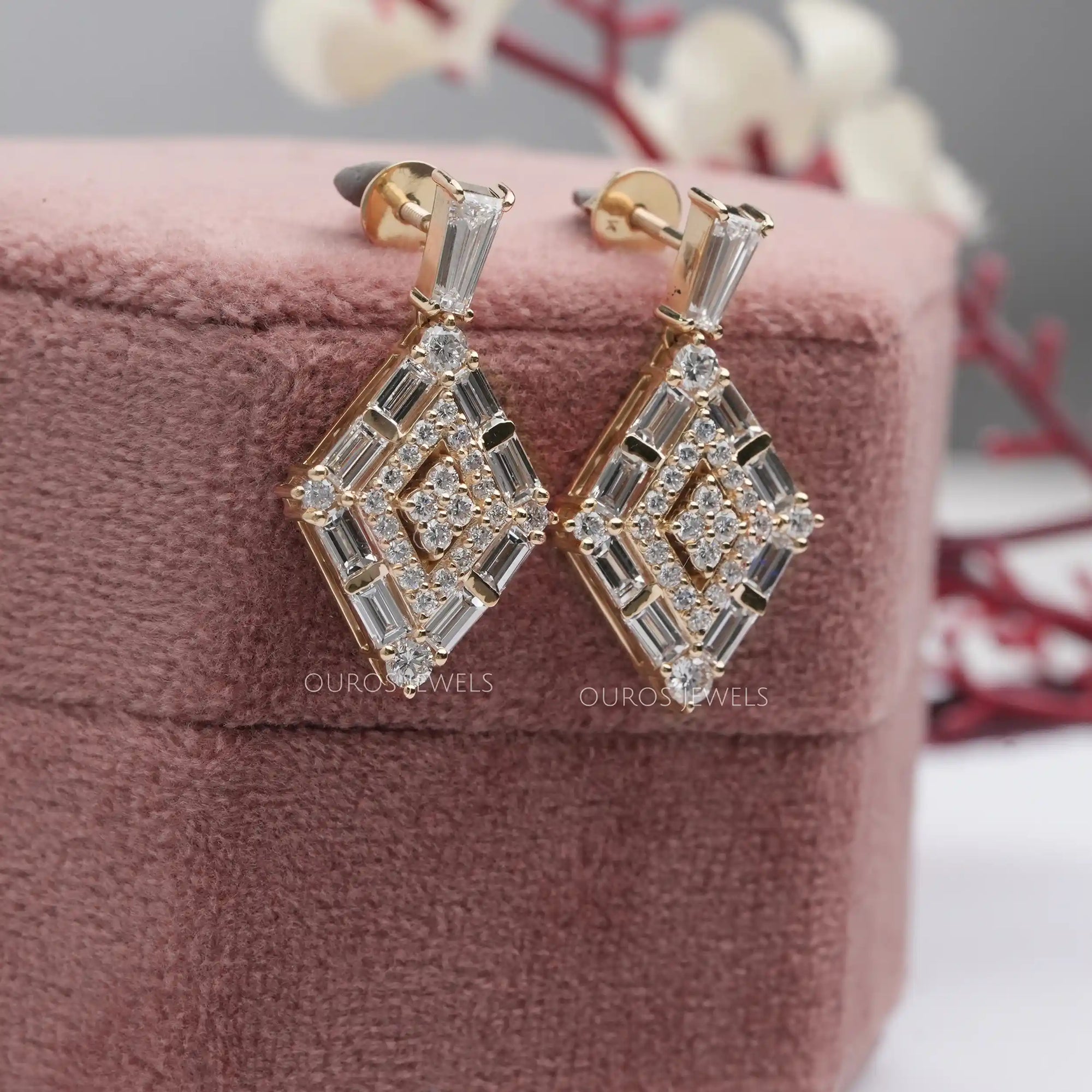 Baguette And Round Cut Double Halo Screw Back Earrings Earrings