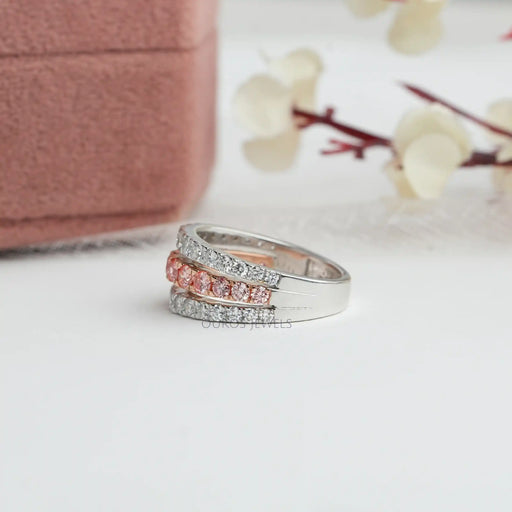 Pink Round Cut Lab Grown Diamond Triple Row Band