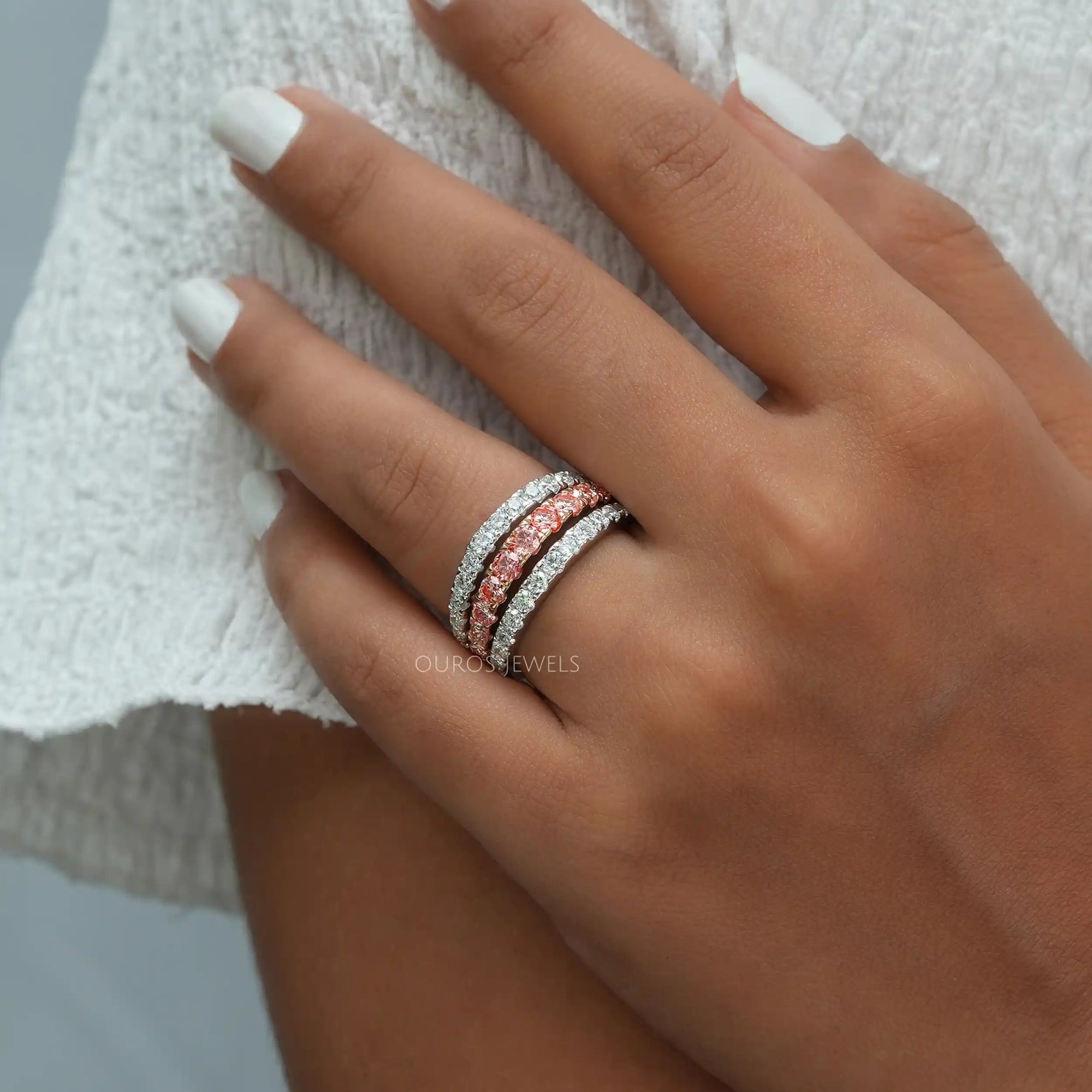 Pink Round Cut Lab Grown Diamond Triple Row Band