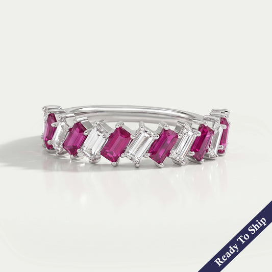 Ruby Baguette Gemstone Half Eternity Wedding Band Rings