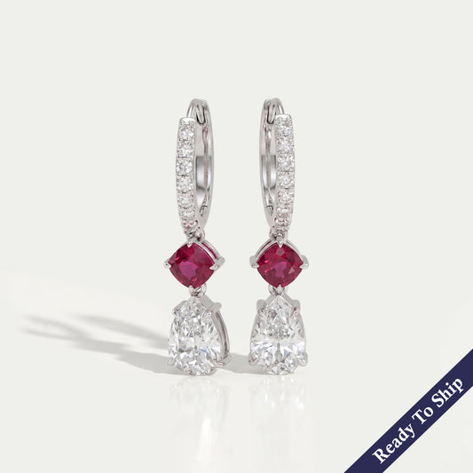 Old Mine Pear Diamond And Ruby Cushion Drop Hoop Earrings Earrings
