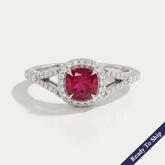 Ruby Cushion Gemstone Split Shank Halo Ring