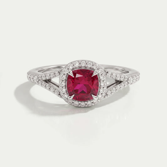 Cushion Cut Red Ruby Split Shank Halo Engagement Ring Ring