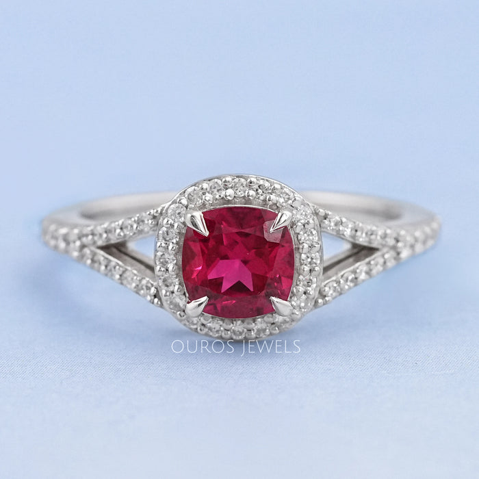 Cushion Cut Red Ruby Split Shank Halo Engagement Ring Ring