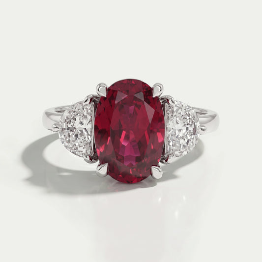 Ruby And Half Moon Diamond Three Stone Ring Ring