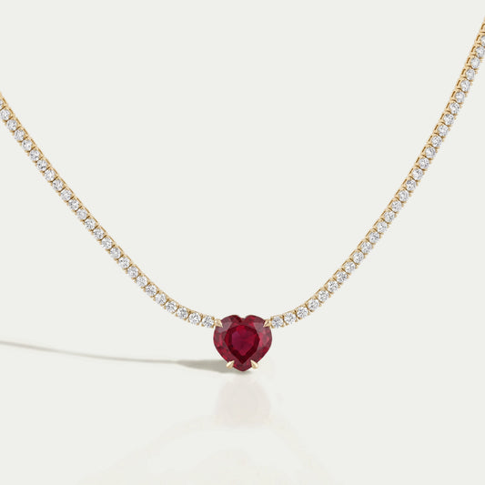 Ruby Heart And Round Diamond Tennis Necklace Necklaces