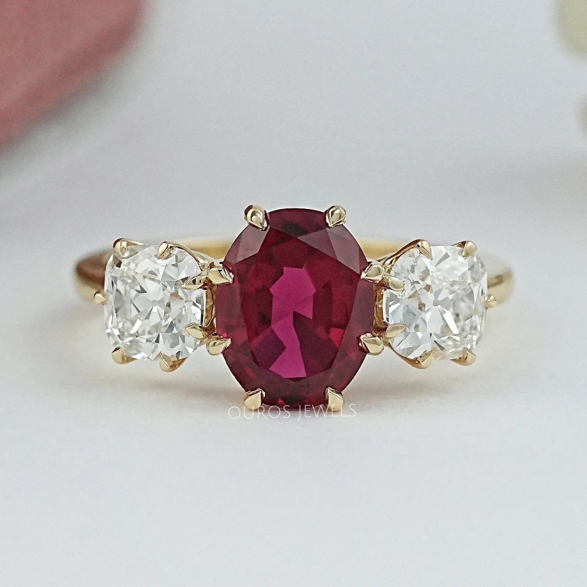 Three Stone Ruby Oval Gemstone Engagement Ring Ring