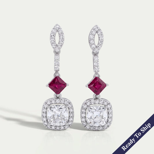 Ruby Princess Old Mine Cushion Cut Halo Dangle Earrings Earrings