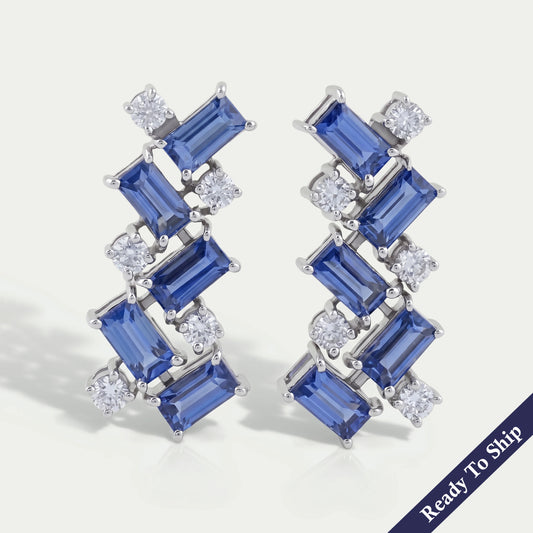 Sapphire Baguette And Round Diamond Drop Earrings