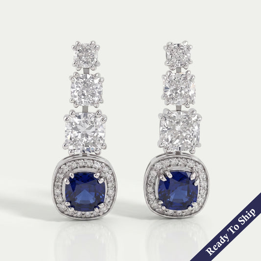 Sapphire Cushion Gemstone And Lab Diamond Dangle Earrings
