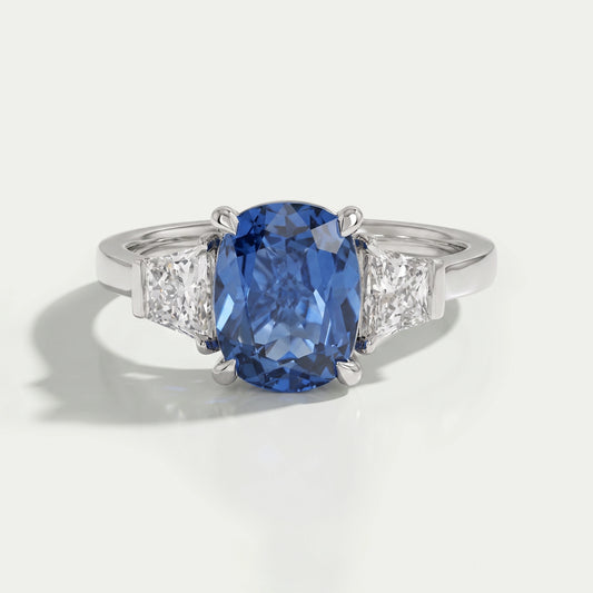 Sapphire Cushion Gemstone With Trapezoid Diamond Ring Rings