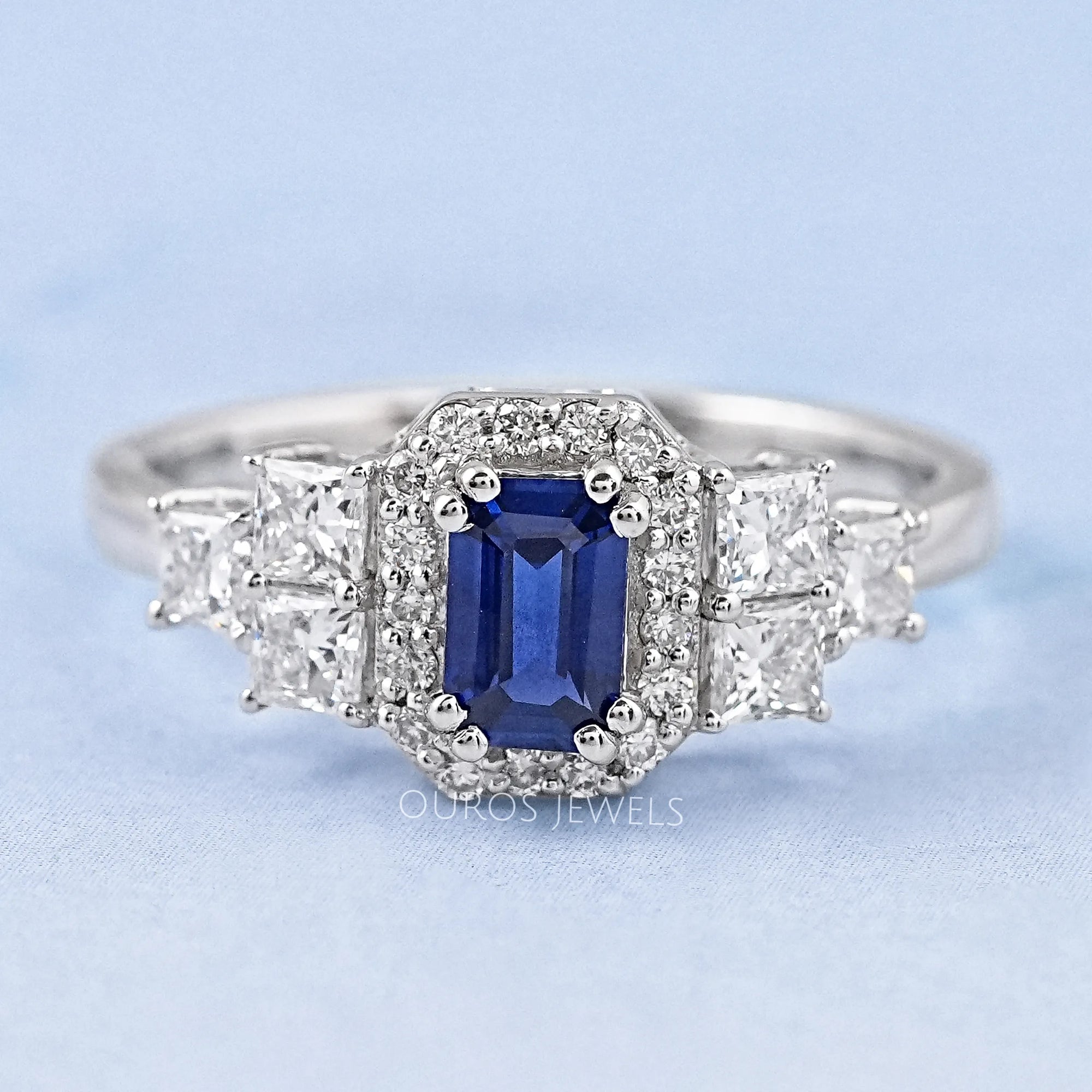 Emerald Sapphire Halo Engagement Ring
