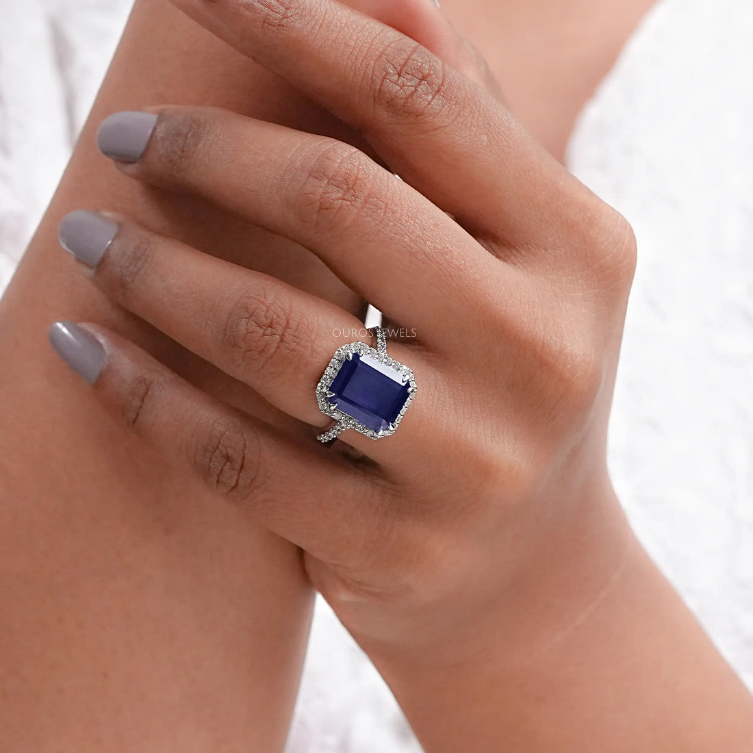 Emerald Shape Sapphire Halo Engagement Ring Ring