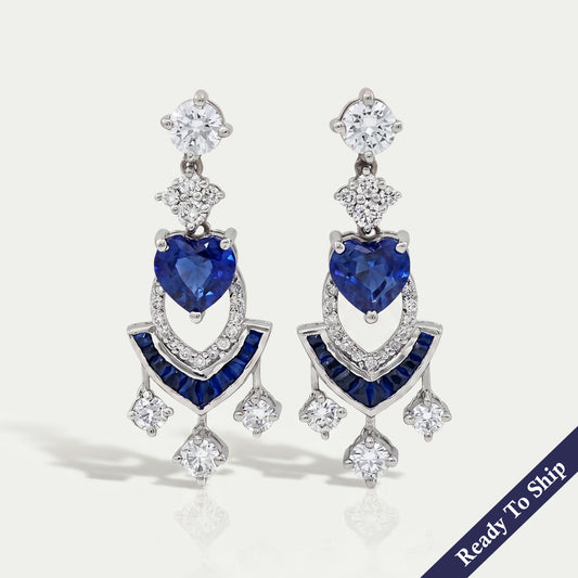 Sapphire Heart And Round Cut Cluster Drop Dangle Earrings Earrings