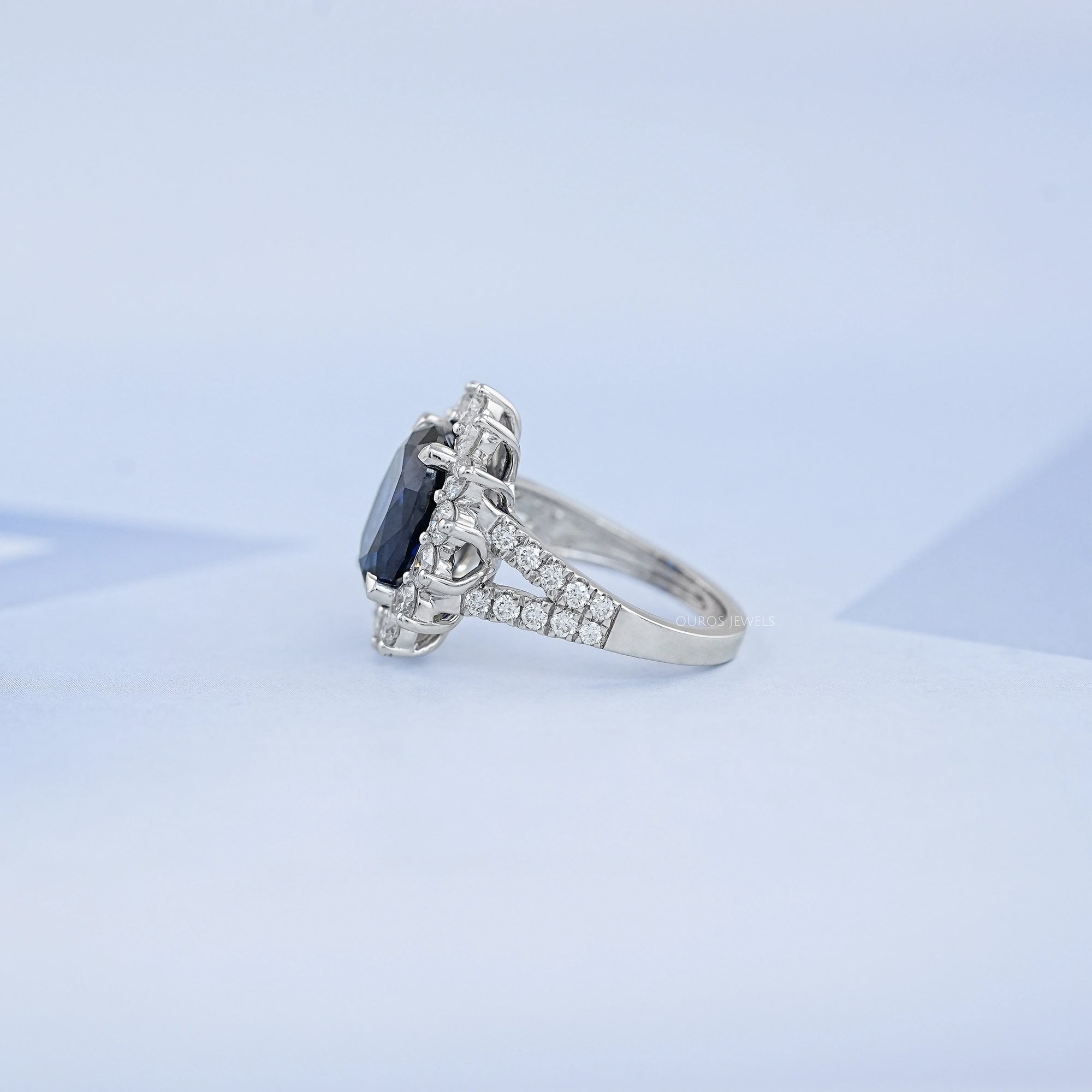 Sapphire Oval Gemstone Halo Split Shank Engagement Ring Rings