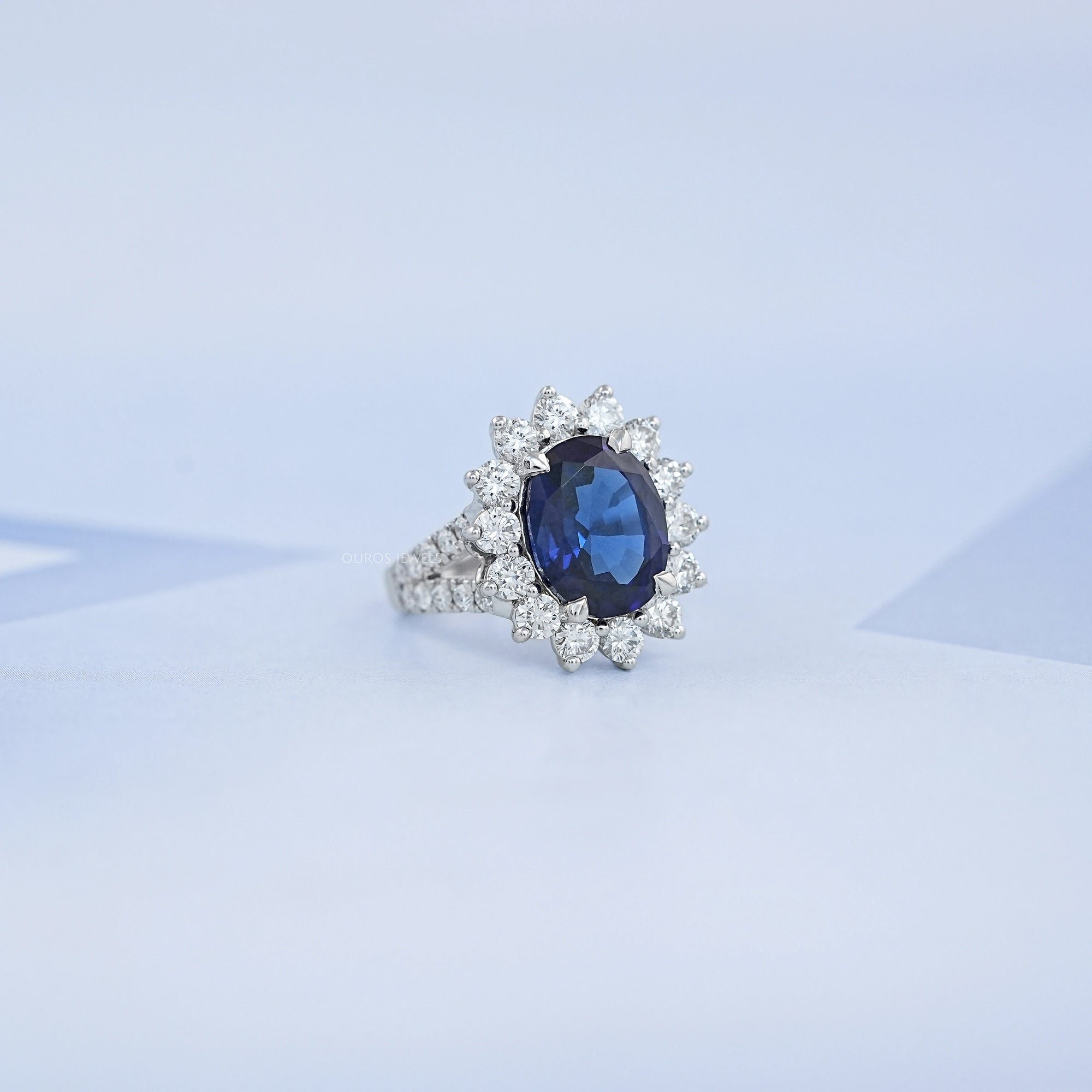 Sapphire Oval Gemstone Halo Split Shank Engagement Ring Rings