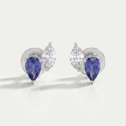 Two Stone Sapphire Pear And Marquise Diamond Stud Earrings