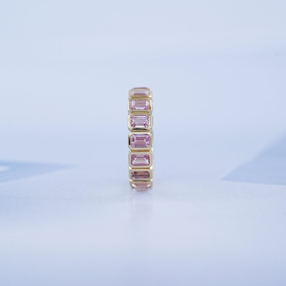 Sapphire Pink Emerald Cut Bezel Set Eternity Wedding Band Rings