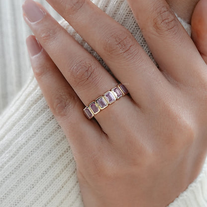 Sapphire Pink Emerald Cut Bezel Set Eternity Wedding Band Rings