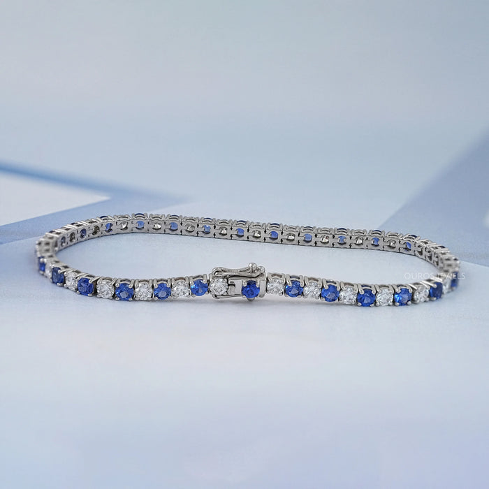 Sapphire Round Gemstone And Lab Diamond Tennis Bracelet