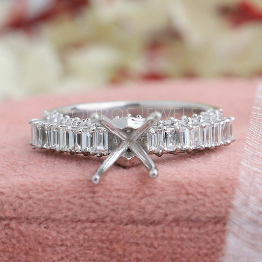 Semi Mount Baguette Cut Accent Diamond Engagement Ring Ring