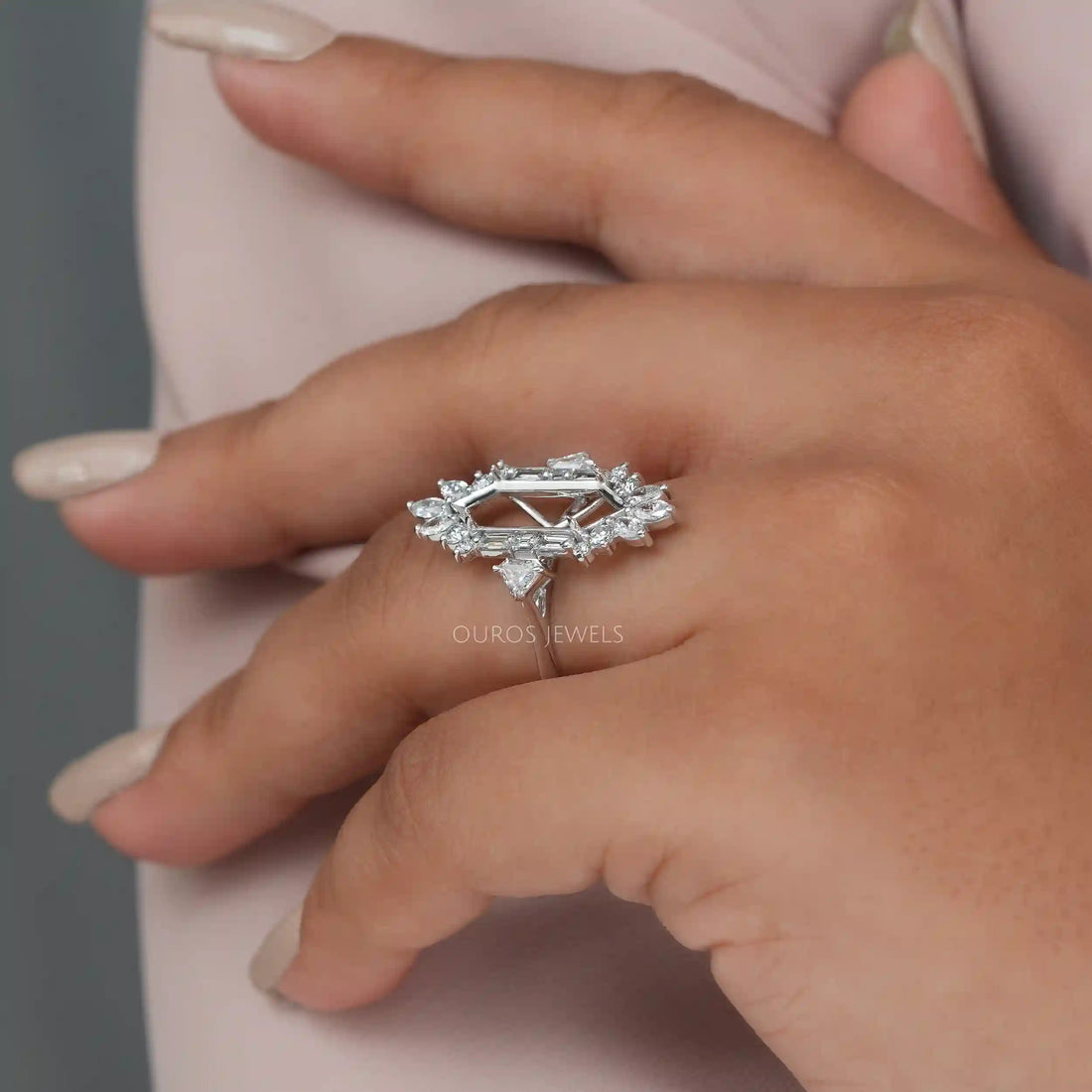 Dutch Marquise Cut Lab Semi Mount Cluster Halo Diamond Ring