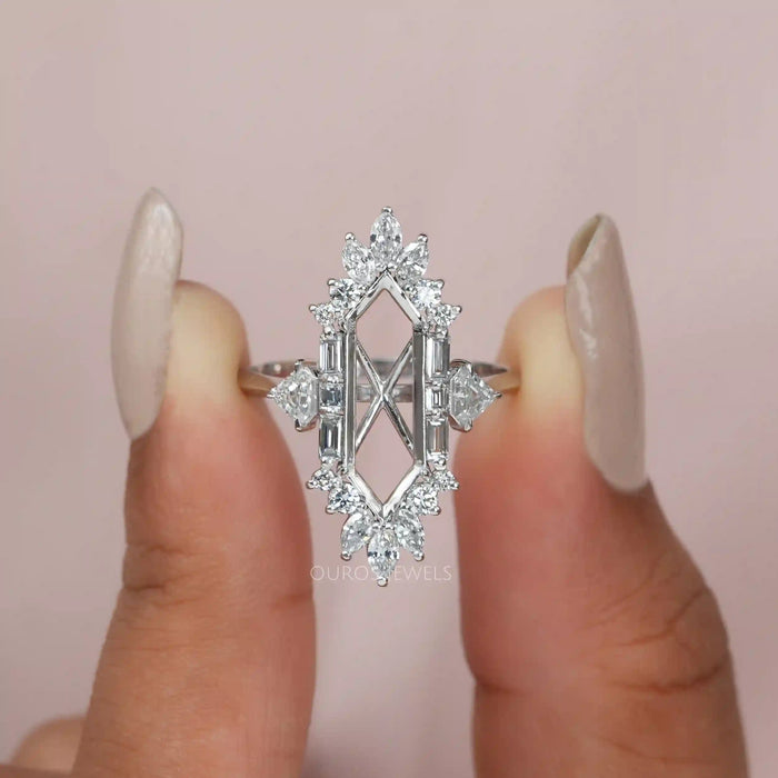 Dutch Marquise Cut Lab Semi Mount Cluster Halo Diamond Ring