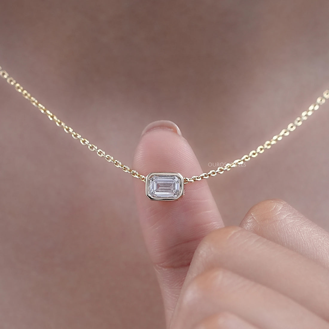 Bezel Set Emerald Cut Lab Diamond Solitaire Pendant Necklaces