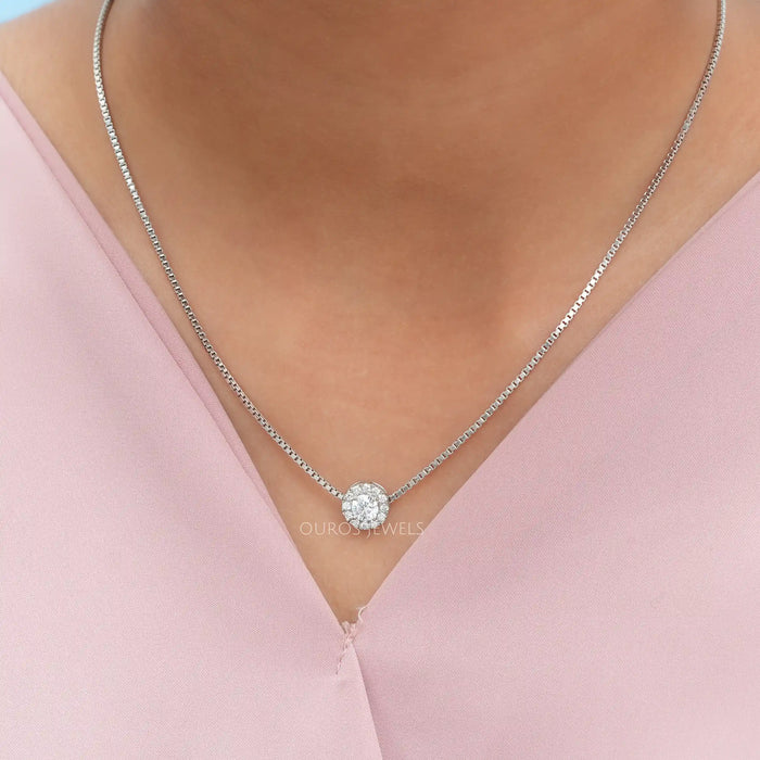 White Gold Halo Round Diamond Pendant Necklaces