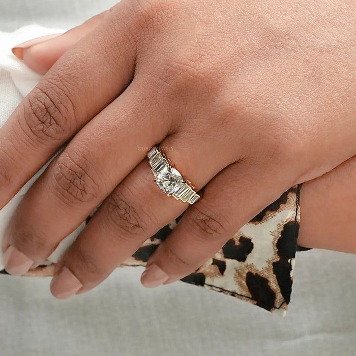 Old Mine Cushion Diamond And Accent Baguette Ring