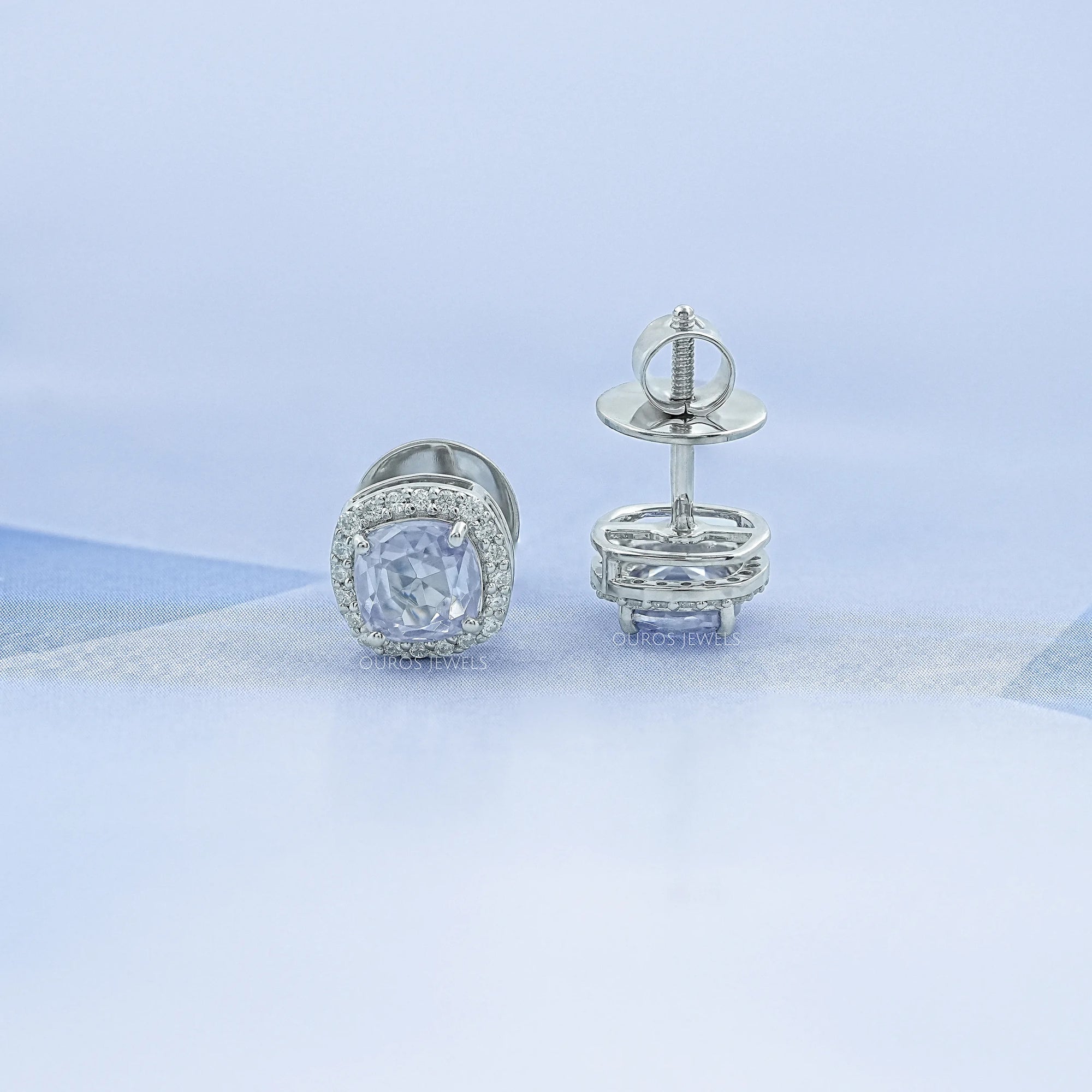 Light Purple Square Cushion Halo Stud Earrings